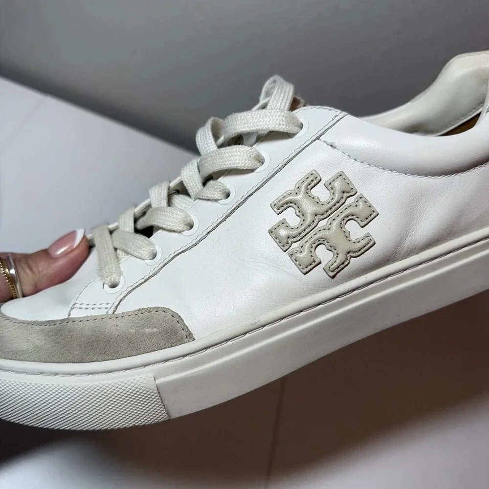 Tory Burch Sneakers Bari Nappa Color Block Women Sz 9 White Beige Leather Suede